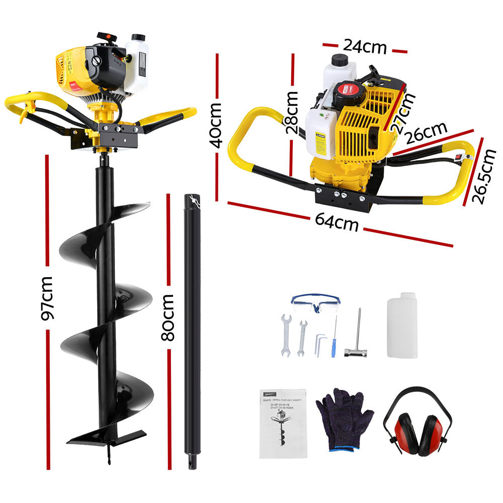 Giantz 74CC Post Hole Digger 300mm Petrol Drill Auger Extension Bits