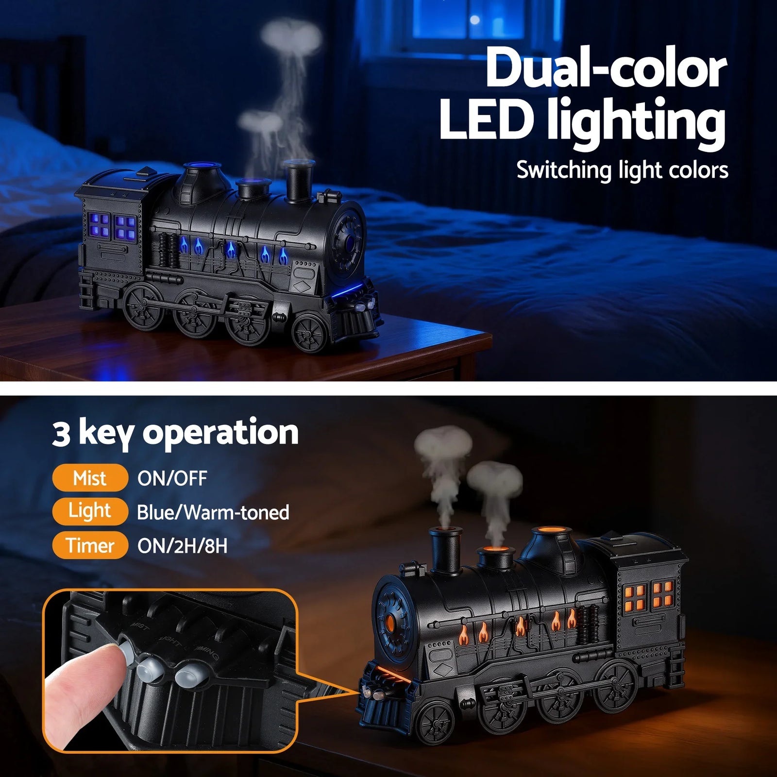 Train Aroma Diffuser Essential Oil Humidifier 300ml Smoke Ring LED Timer