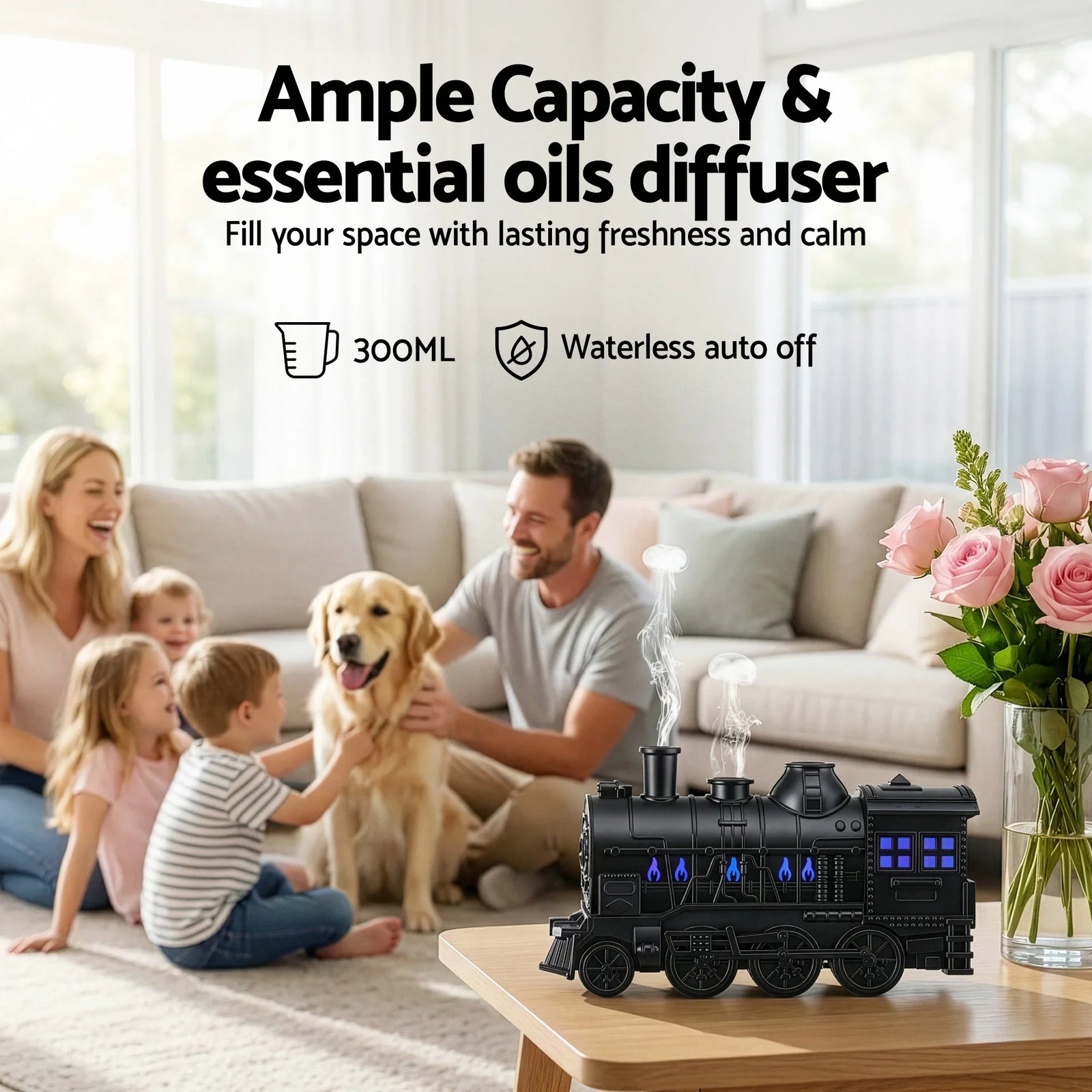 Train Aroma Diffuser Essential Oil Humidifier 300ml Smoke Ring LED Timer