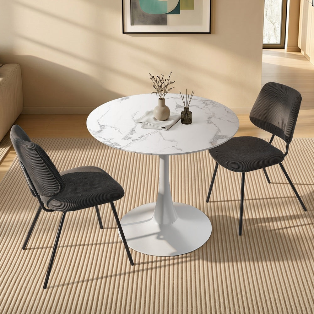 Round Dining Set – 60cm White Marble Table with 2 Black Upholstered Chairs