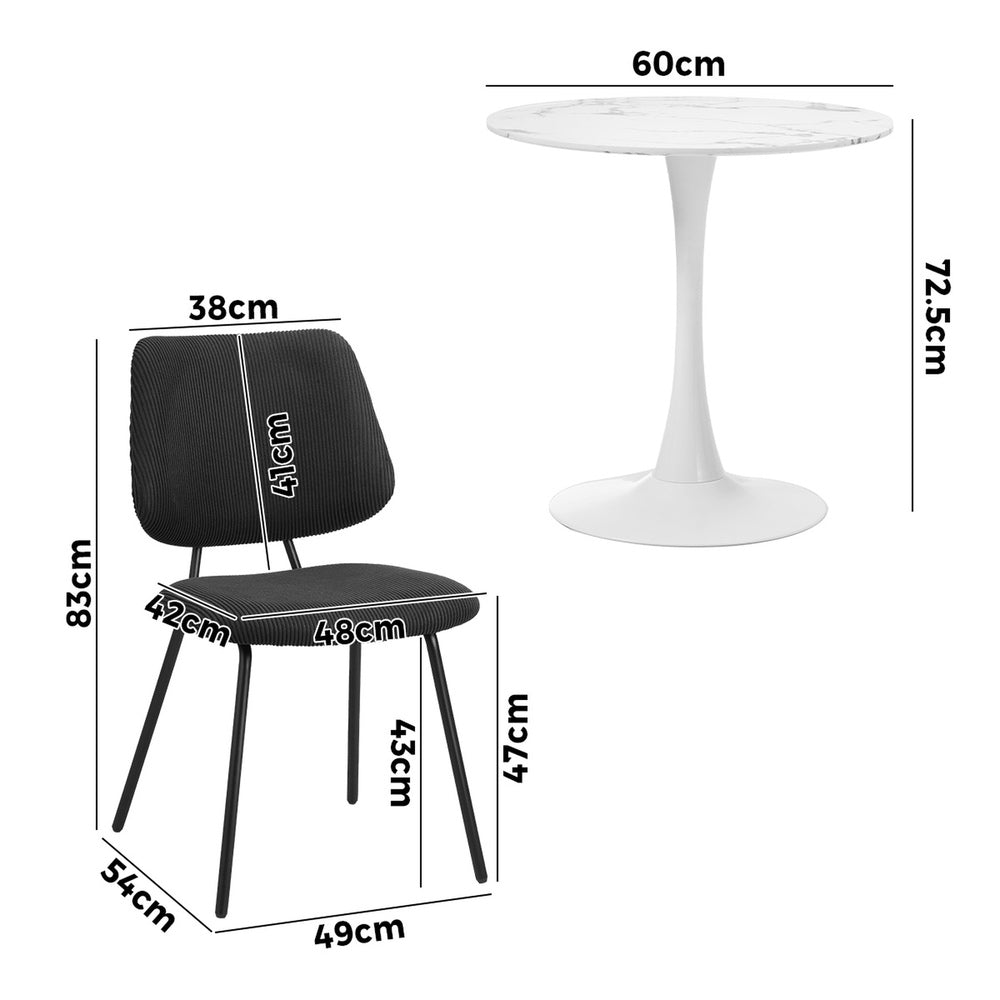Round Dining Set – 60cm White Marble Table with 2 Black Upholstered Chairs