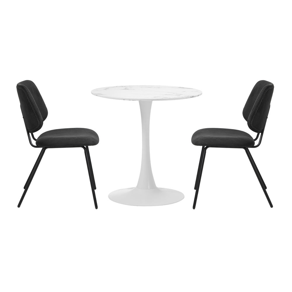 Round Dining Set – 60cm White Marble Table with 2 Black Upholstered Chairs