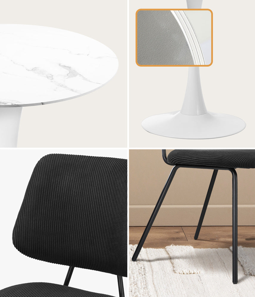 Round Dining Set – 60cm White Marble Table with 2 Black Upholstered Chairs