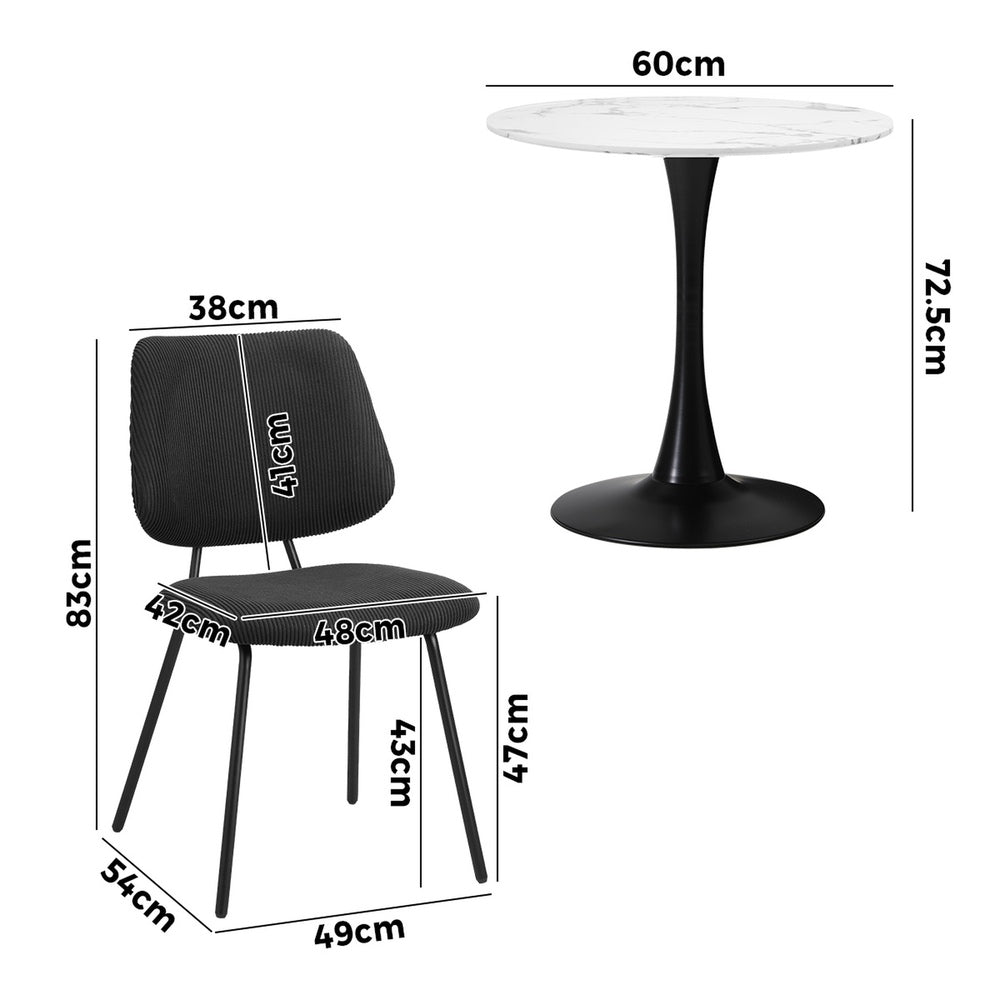 Round Dining Set – White 60cm Table with 2 Dark Grey Chairs