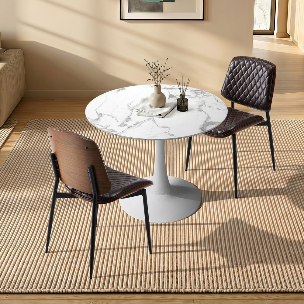3 Pc Dining Set 60cm Round Marble Look Table 2 PU Leather Chairs Brown & White