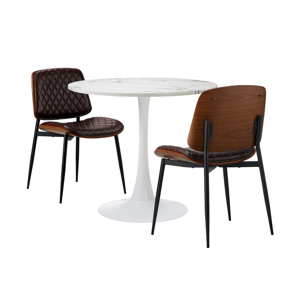 3 Pc Dining Set 60cm Round Marble Look Table 2 PU Leather Chairs Brown & White