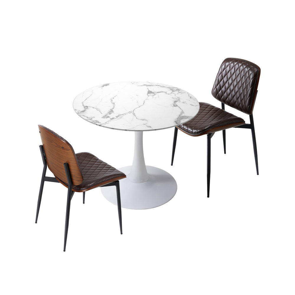 3 Pc Dining Set 60cm Round Marble Look Table 2 PU Leather Chairs Brown & White