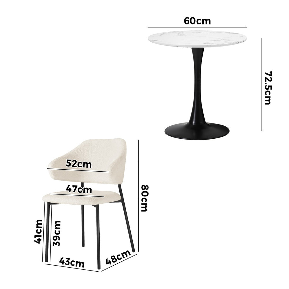 Oikiture 3PCS Dining Set Round Marble Look Table 2 Sherpa Chairs White Black