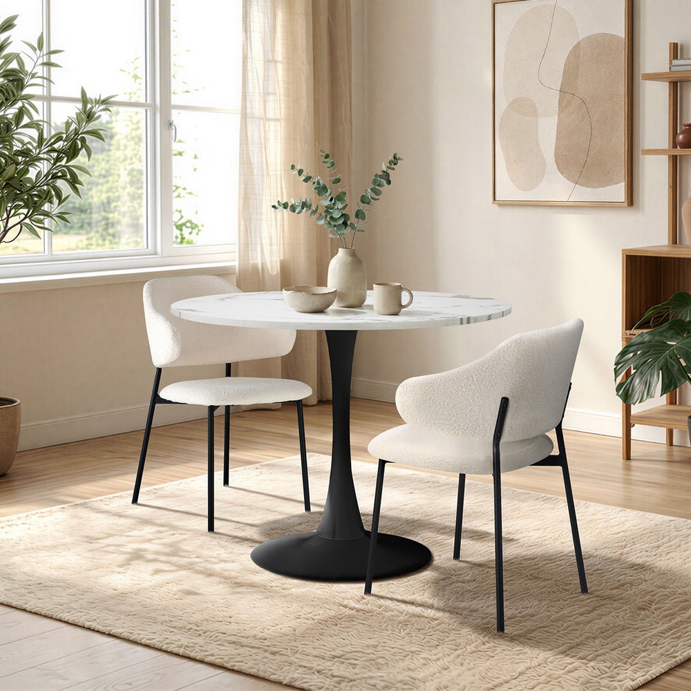 Oikiture 3PCS Dining Set Round Marble Look Table 2 Sherpa Chairs White Black