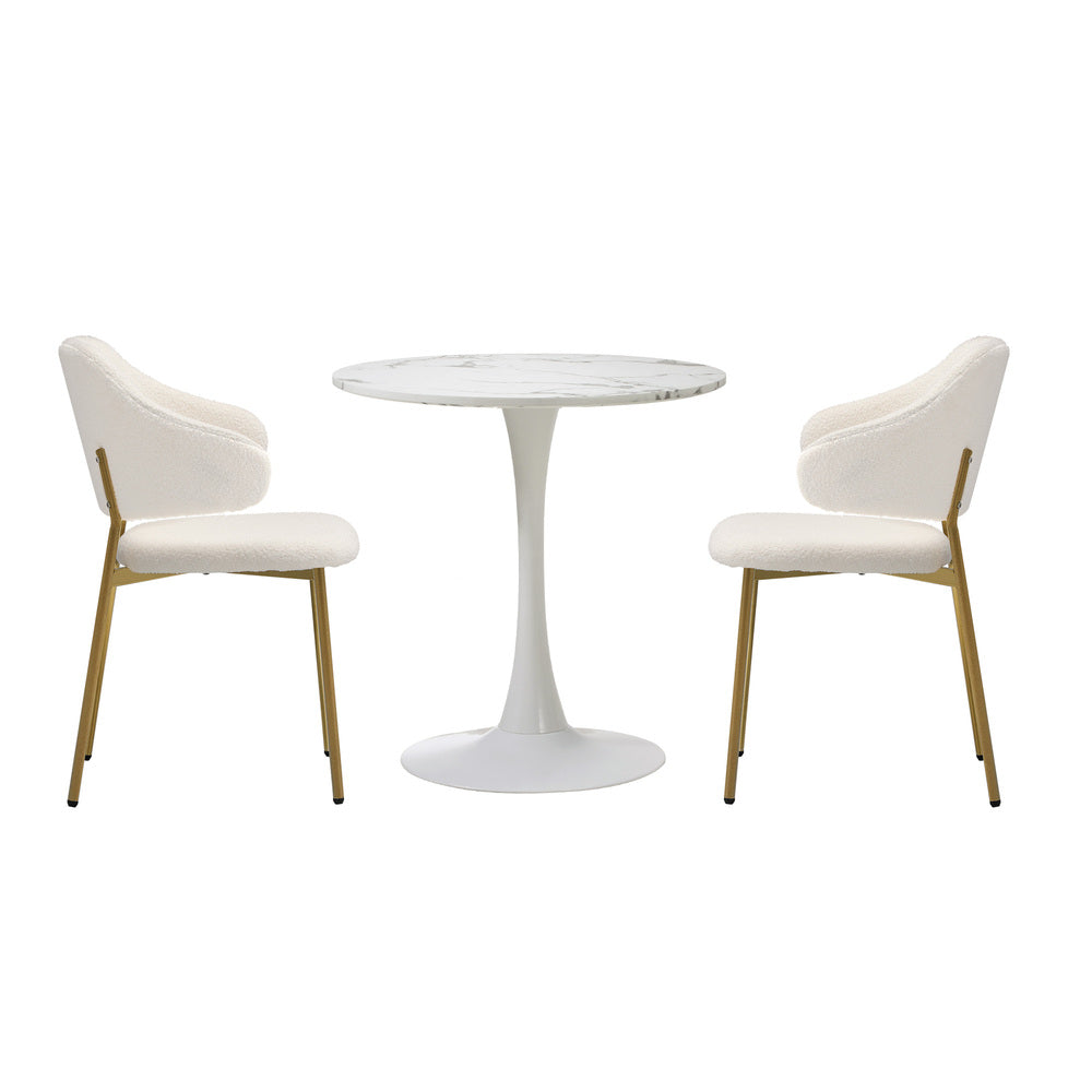 Oikiture 60cm Round Dining Table with 2x Dining Chairs Sherpa Gold&White