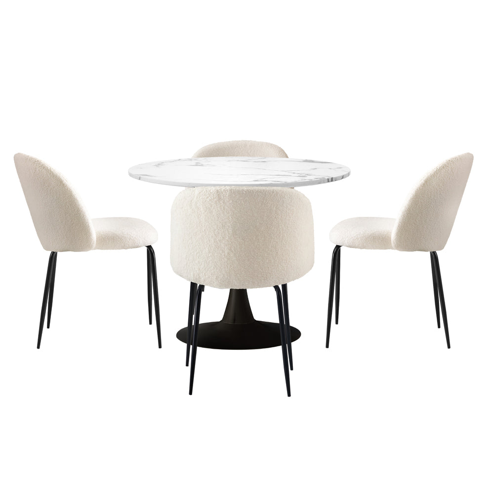 90cm Round Dining Table with 4PCS Chairs Sherpa White