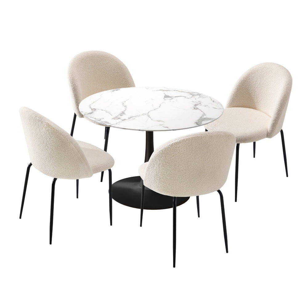 90cm Round Dining Table with 4PCS Chairs Sherpa White