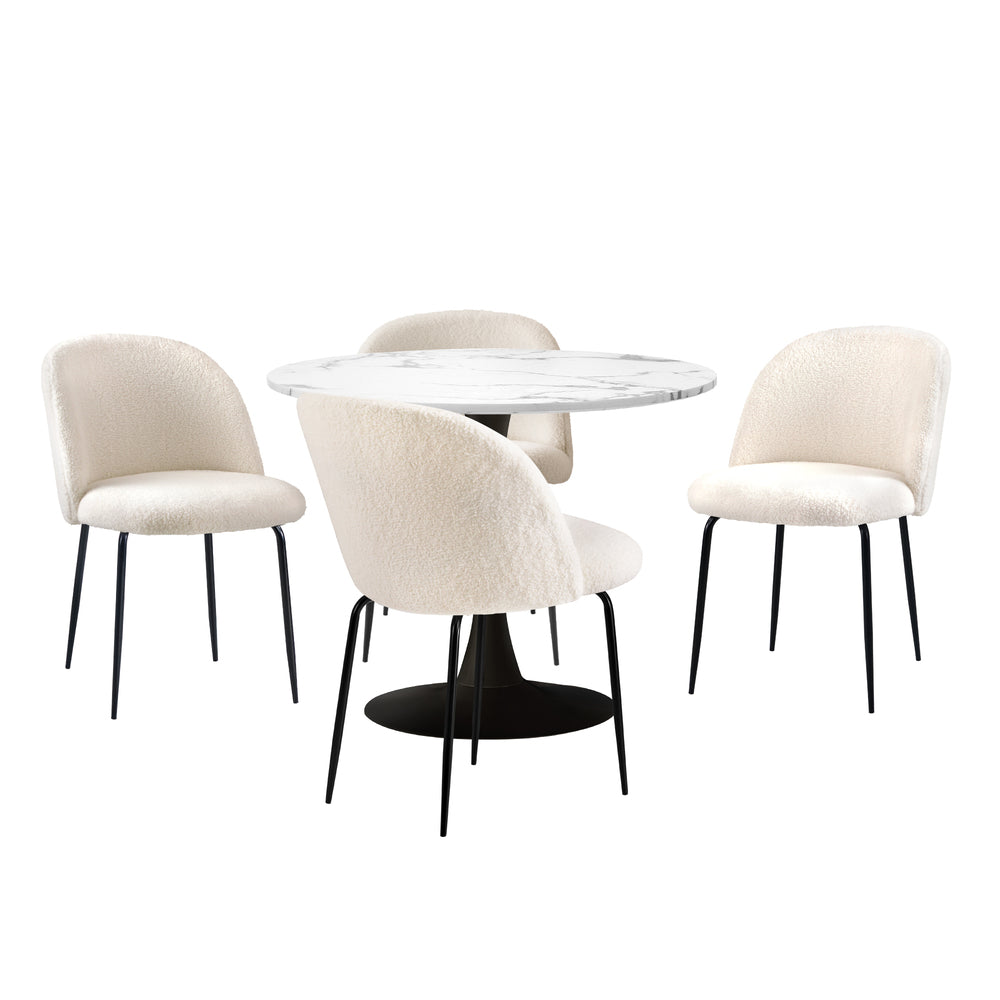 90cm Round Dining Table with 4PCS Chairs Sherpa White