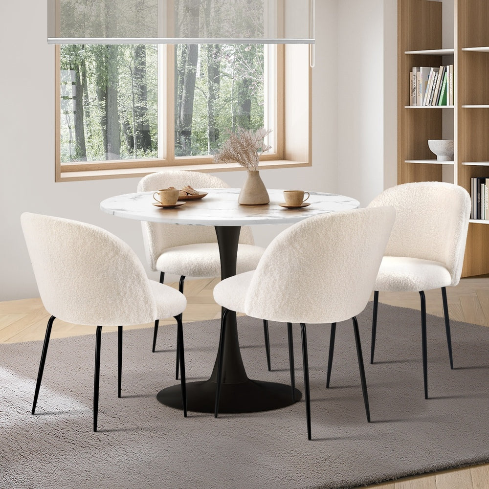 90cm Round Dining Table with 4PCS Chairs Sherpa White