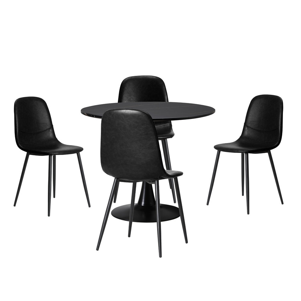 Oikiture 90cm Round Dining Table with 4x Dining Chairs PU Leather Black