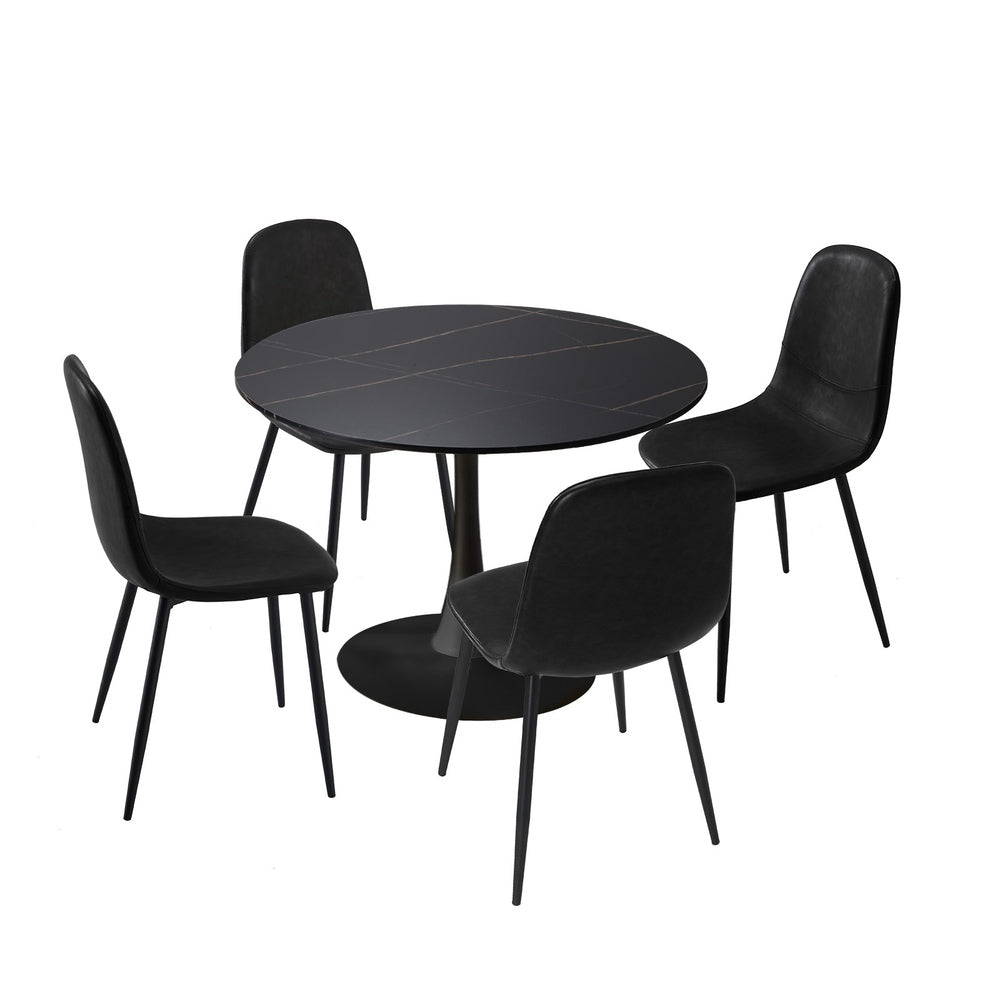 Oikiture 90cm Round Dining Table with 4x Dining Chairs PU Leather Black