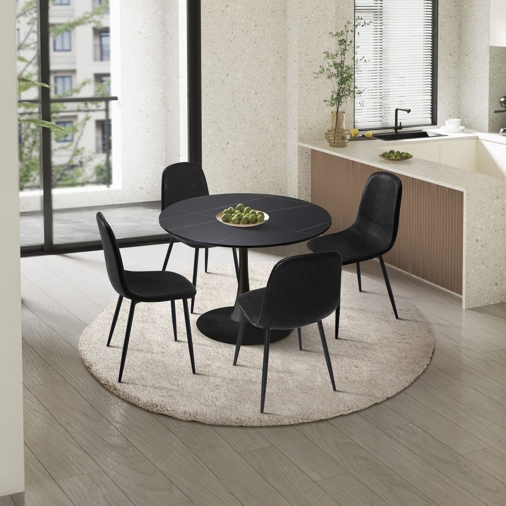 Oikiture 90cm Round Dining Table with 4x Dining Chairs PU Leather Black