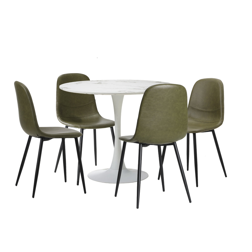 Oikiture 90cm Round Dining Table with 4x Dining Chairs PU Leather Green