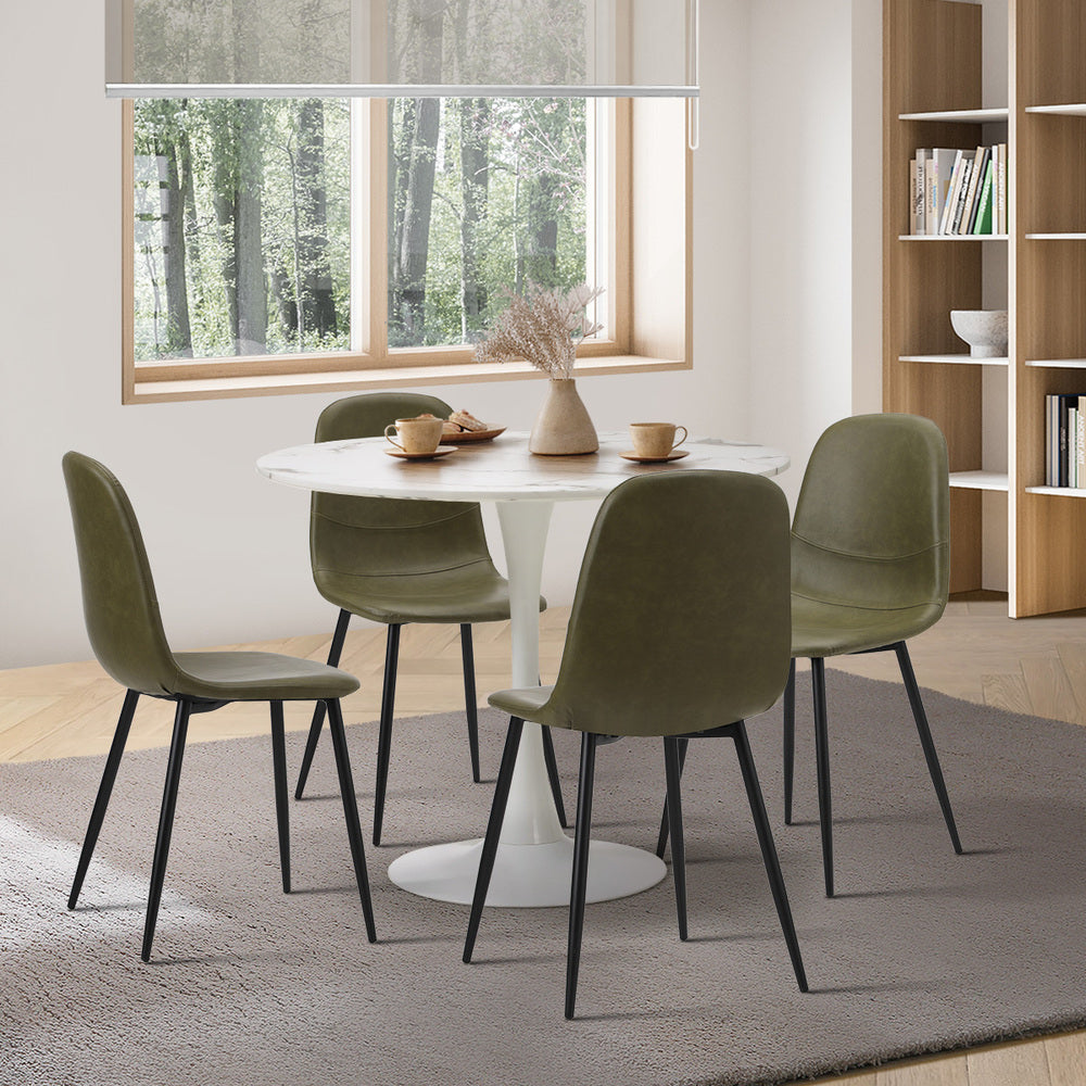 Oikiture 90cm Round Dining Table with 4x Dining Chairs PU Leather Green