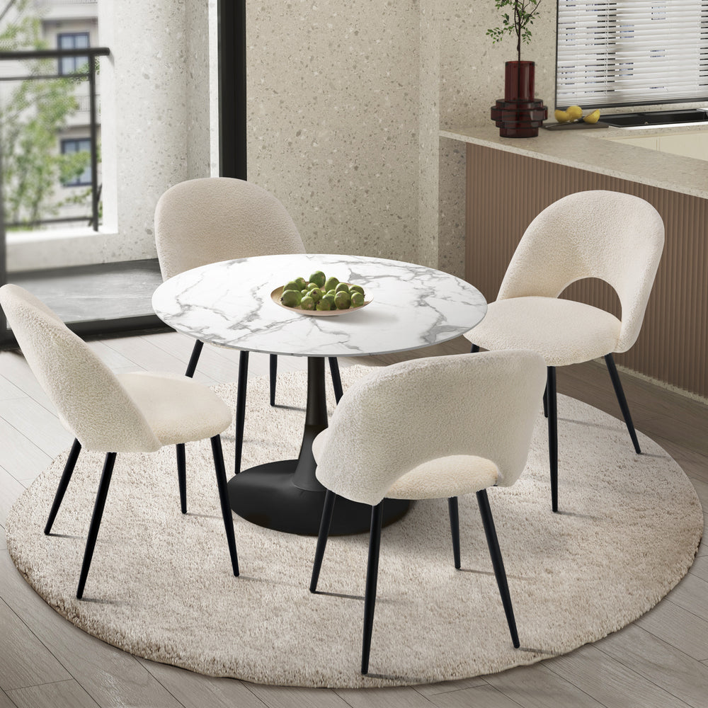 90cm Round Dining Table with 4PCS Chairs Sherpa White
