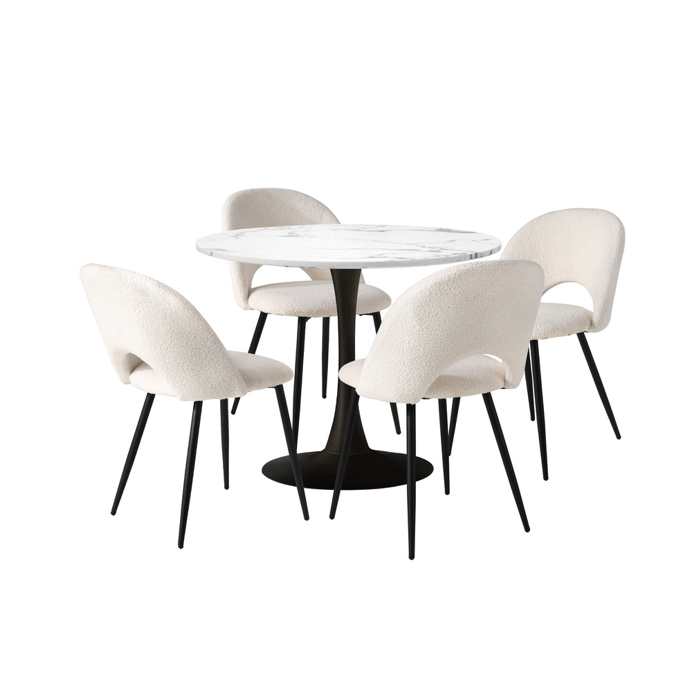 90cm Round Dining Table with 4PCS Chairs Sherpa White