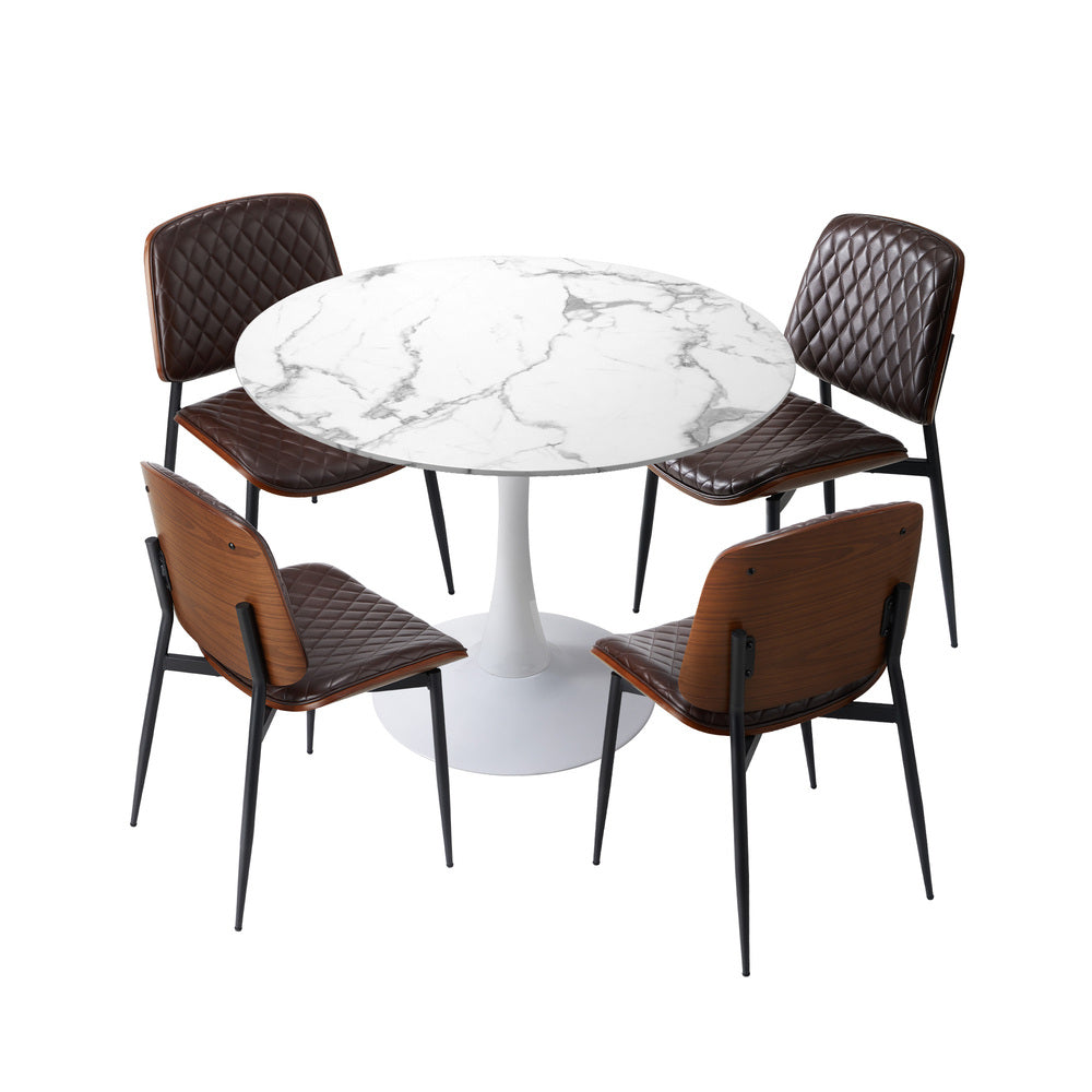 Dining Table Set 90cm with Chairs PU Leather Brown & White