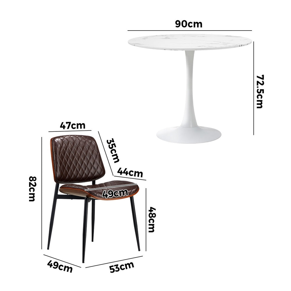 Oikiture Dining Table Set 90cm with Chairs PU Leather Brown & White