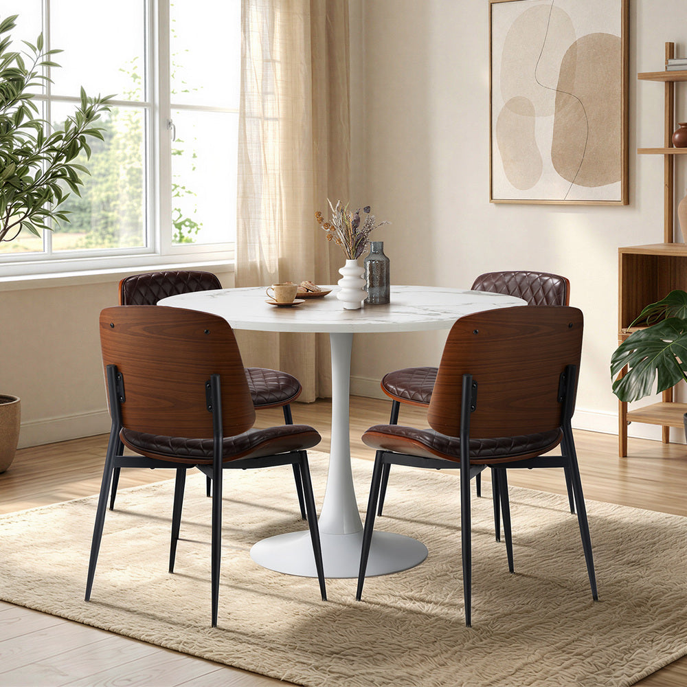 Dining Table Set 90cm with Chairs PU Leather Brown & White