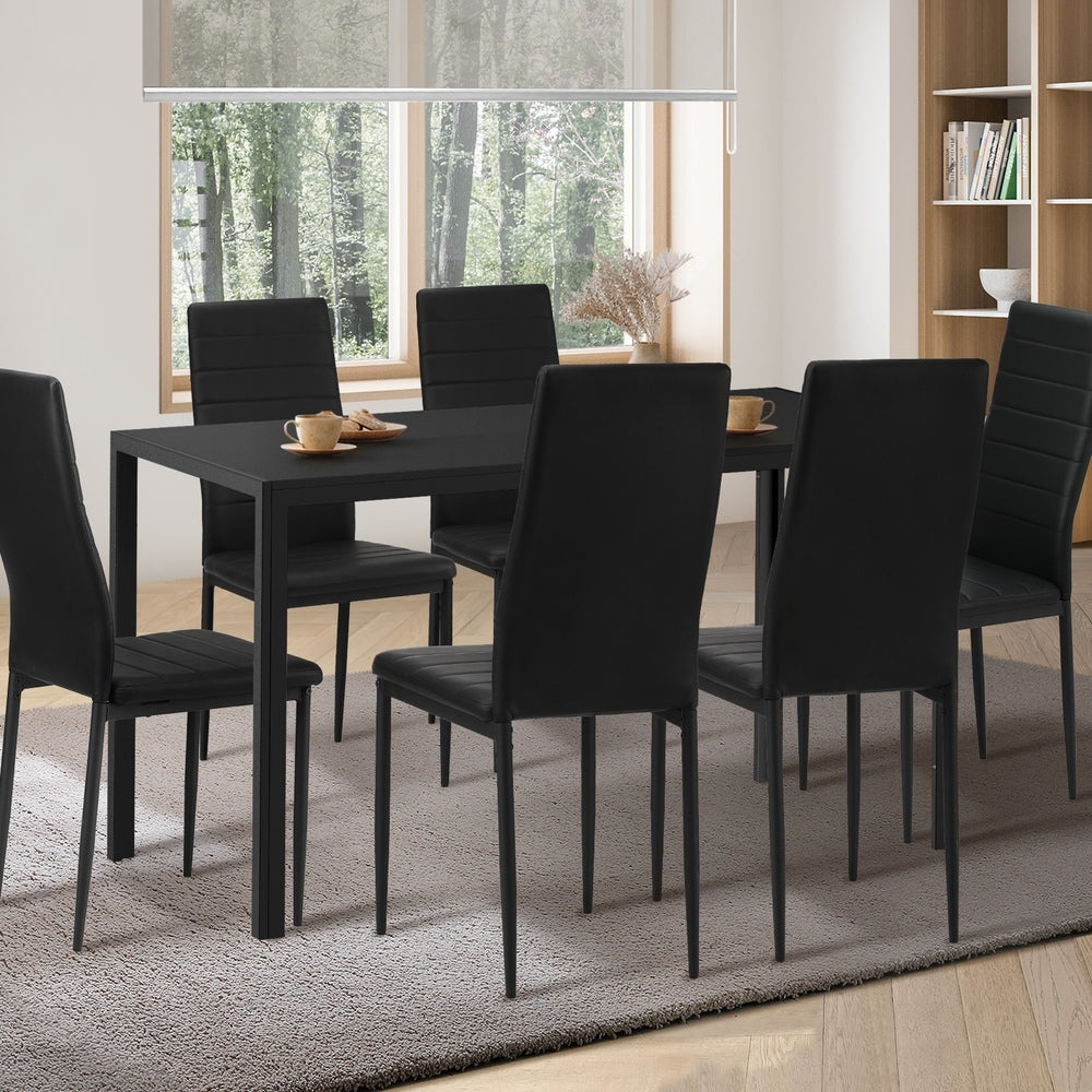 Oikiture 140cm Rectangle Dining Table with 6PCS Dining Chairs Wooden Black