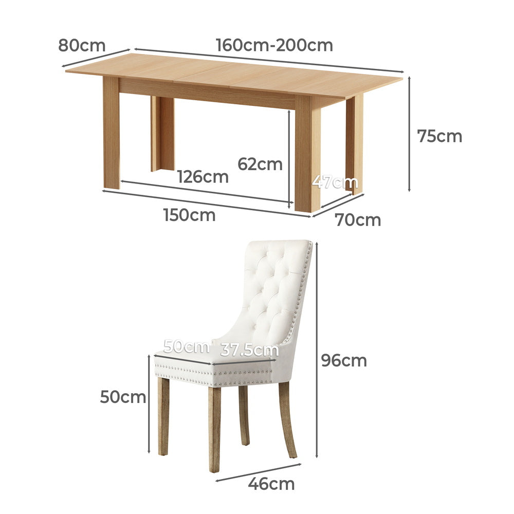 Oikiture 200cm Extendable Dining Table with 6PCS Dining Chairs Velvet Beige