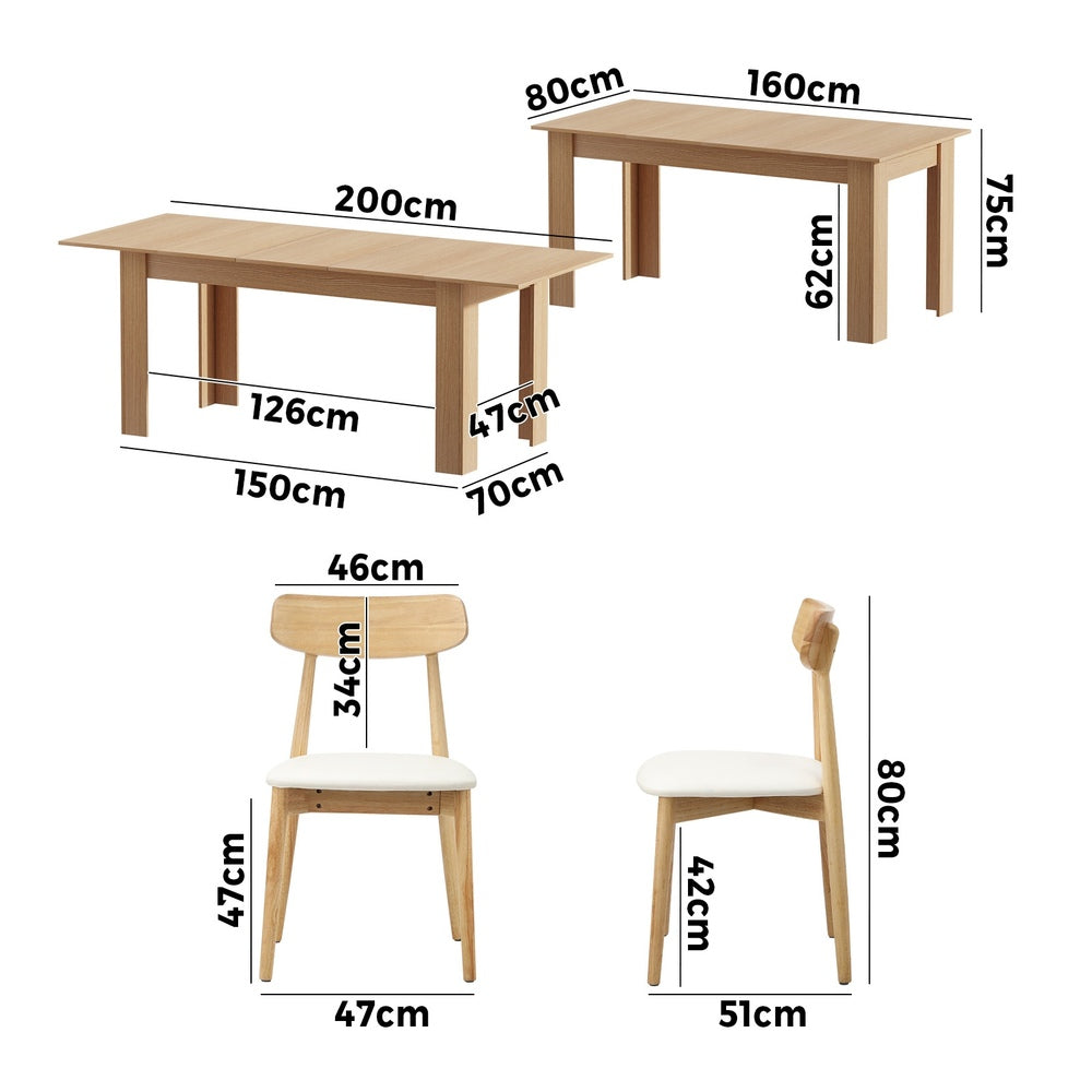 Oikiture 200cm Extendable Dining Table with 6x Dining Chairs PU Leather Natural