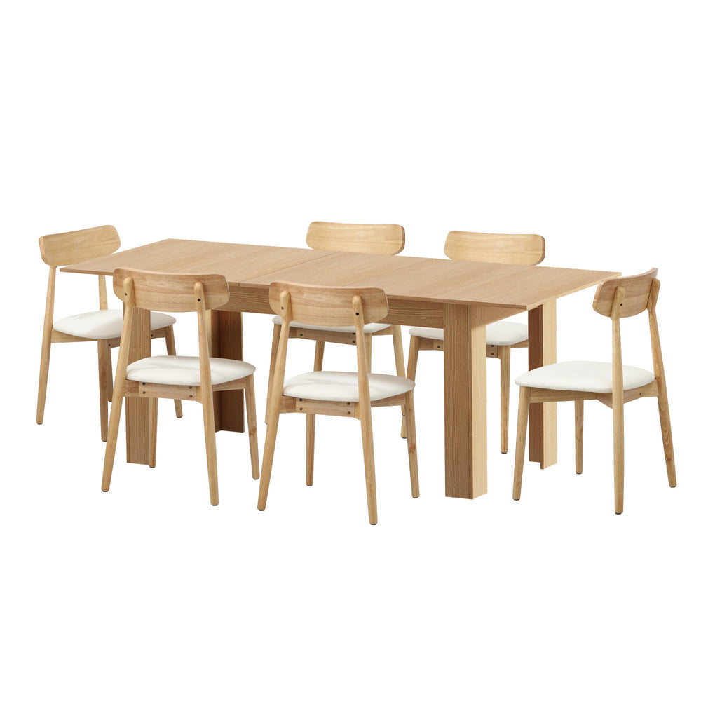 Oikiture 200cm Extendable Dining Table with 6x Dining Chairs PU Leather Natural