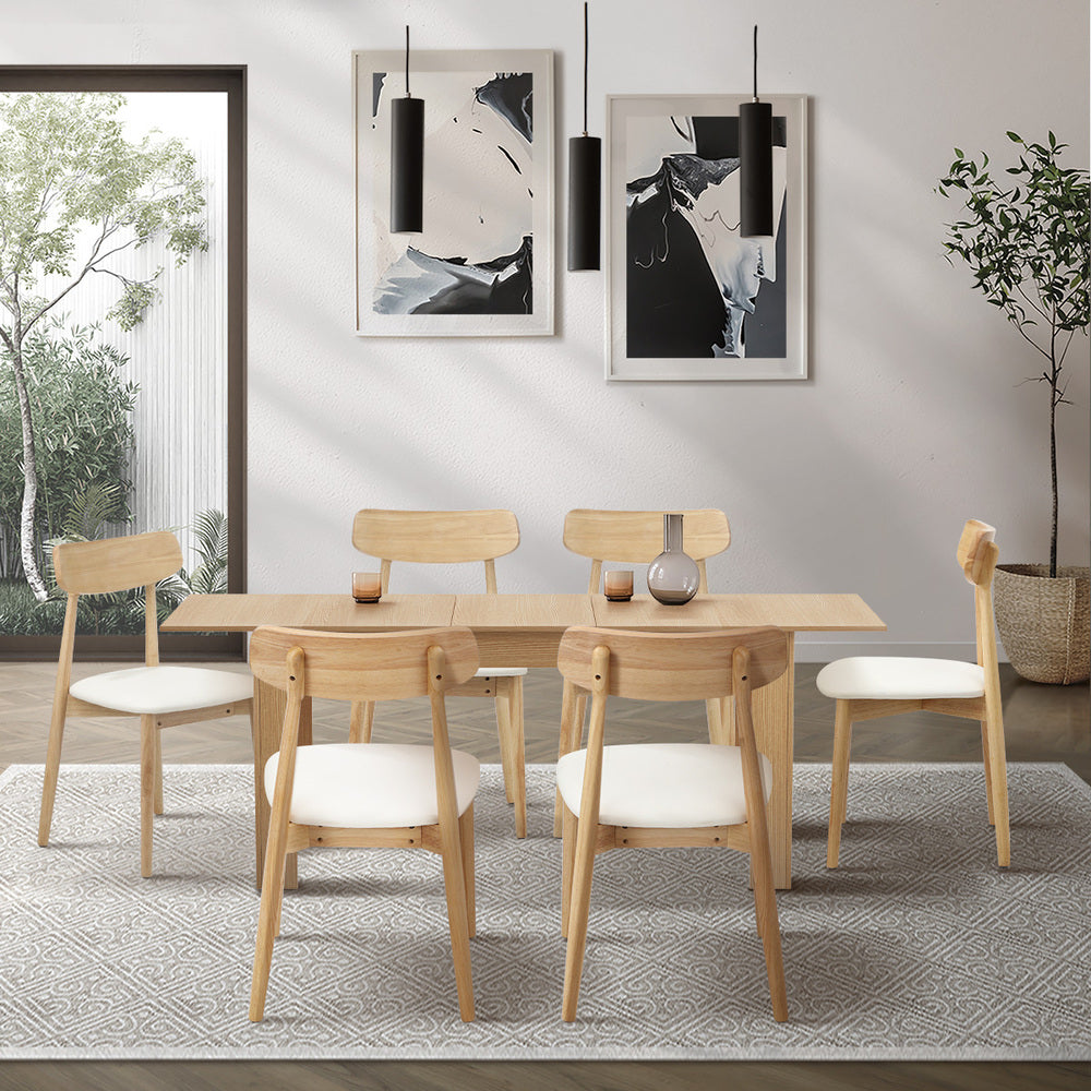 Oikiture 200cm Extendable Dining Table with 6x Dining Chairs PU Leather Natural
