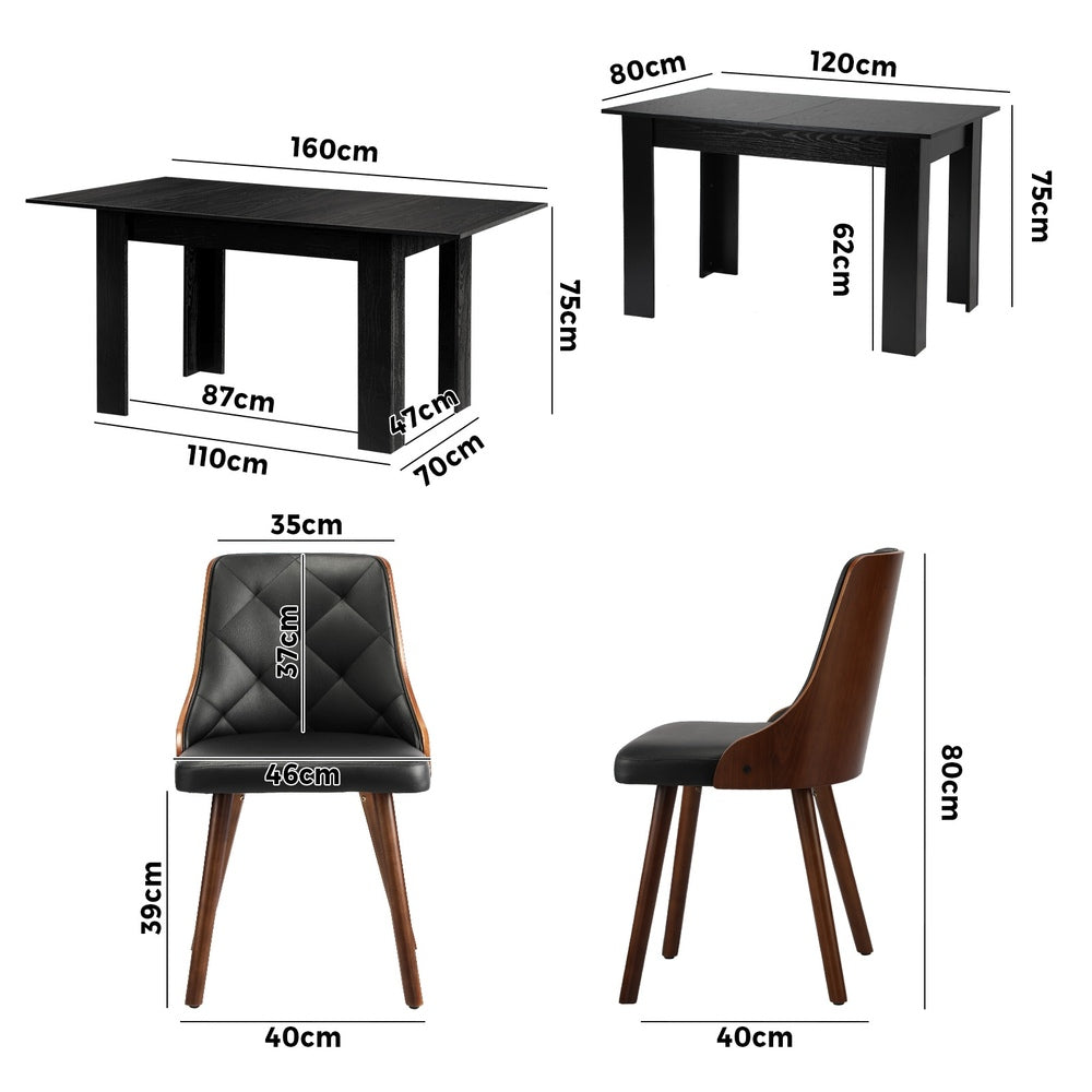 Oikiture 160cm Extendable Dining Table with 4PCS Chairs PU Leather