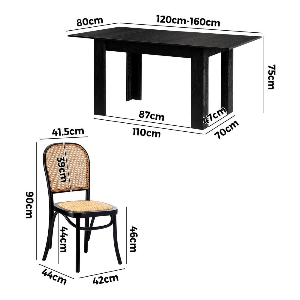 Oikiture 160cm Extendable Dining Table with 4PCS Dining Chairs Rattan Black