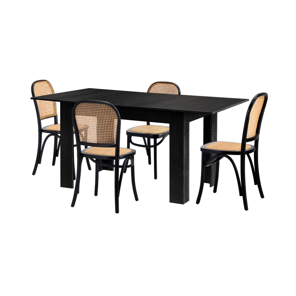 Oikiture 160cm Extendable Dining Table with 4PCS Dining Chairs Rattan Black