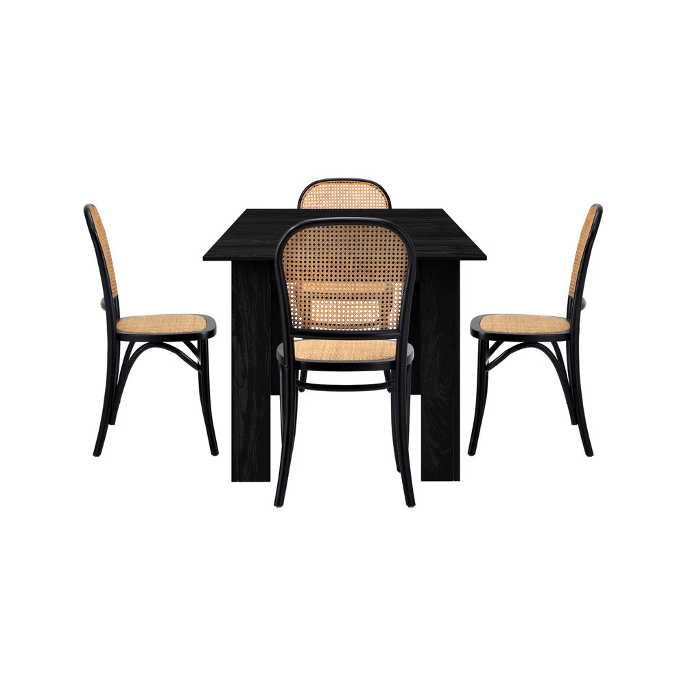 Oikiture 160cm Extendable Dining Table with 4PCS Dining Chairs Rattan Black
