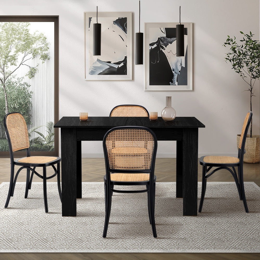 Oikiture 160cm Extendable Dining Table with 4PCS Dining Chairs Rattan Black