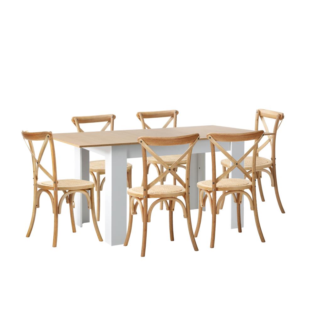 160cm Extendable Dining Table with 6PCS Chairs Crossback Wooden