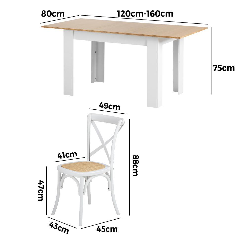 160cm Extendable Dining Table with 6PCS Chairs Crossback White