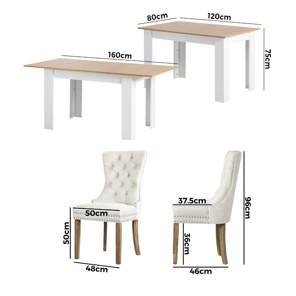 160cm Extendable Dining Table with 6PCS Chairs Velvet Beige