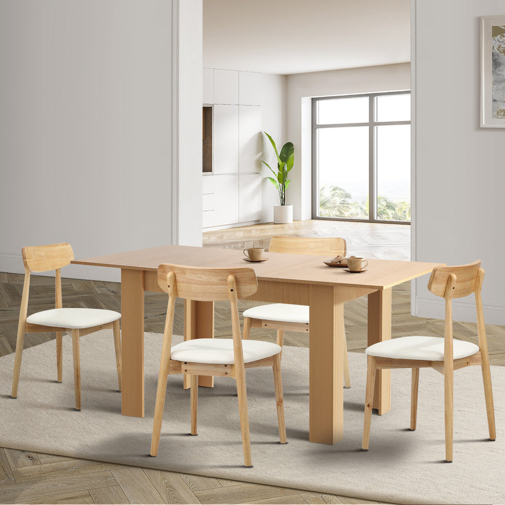 Oikiture 160cm Extendable Dining Table with 4x Dining Chairs PU Leather Natural
