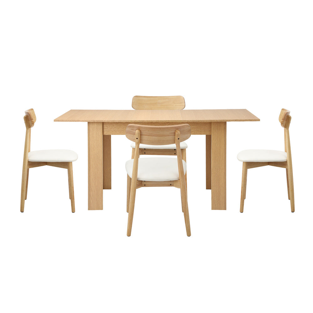 Oikiture 160cm Extendable Dining Table with 4x Dining Chairs PU Leather Natural