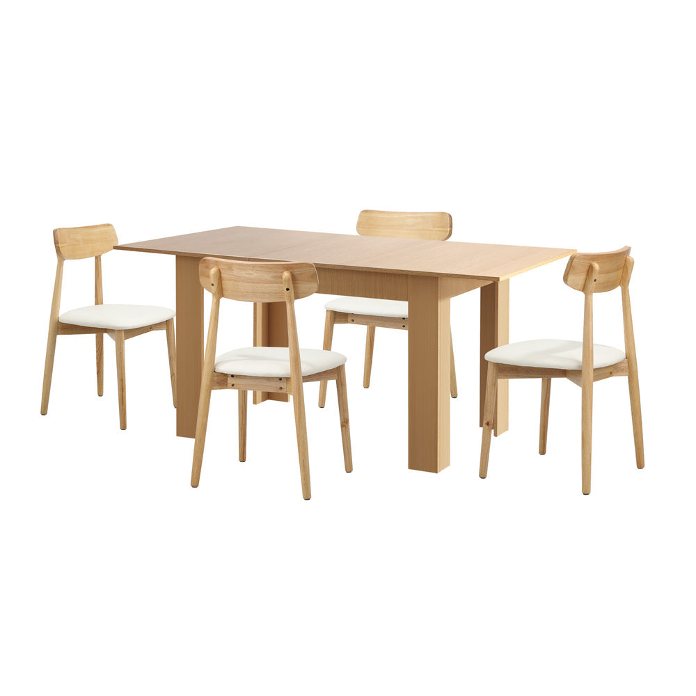 Oikiture 160cm Extendable Dining Table with 4x Dining Chairs PU Leather Natural