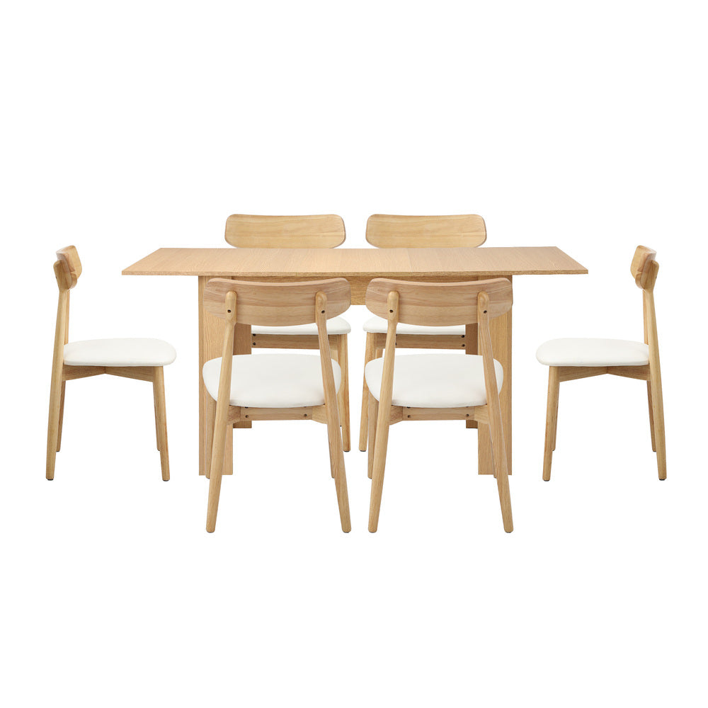 Oikiture 160cm Extendable Dining Table with 6x Dining Chairs PU Leather Natural