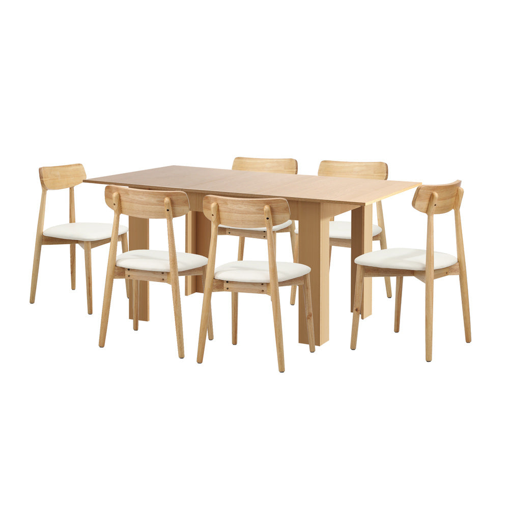 Oikiture 160cm Extendable Dining Table with 6x Dining Chairs PU Leather Natural