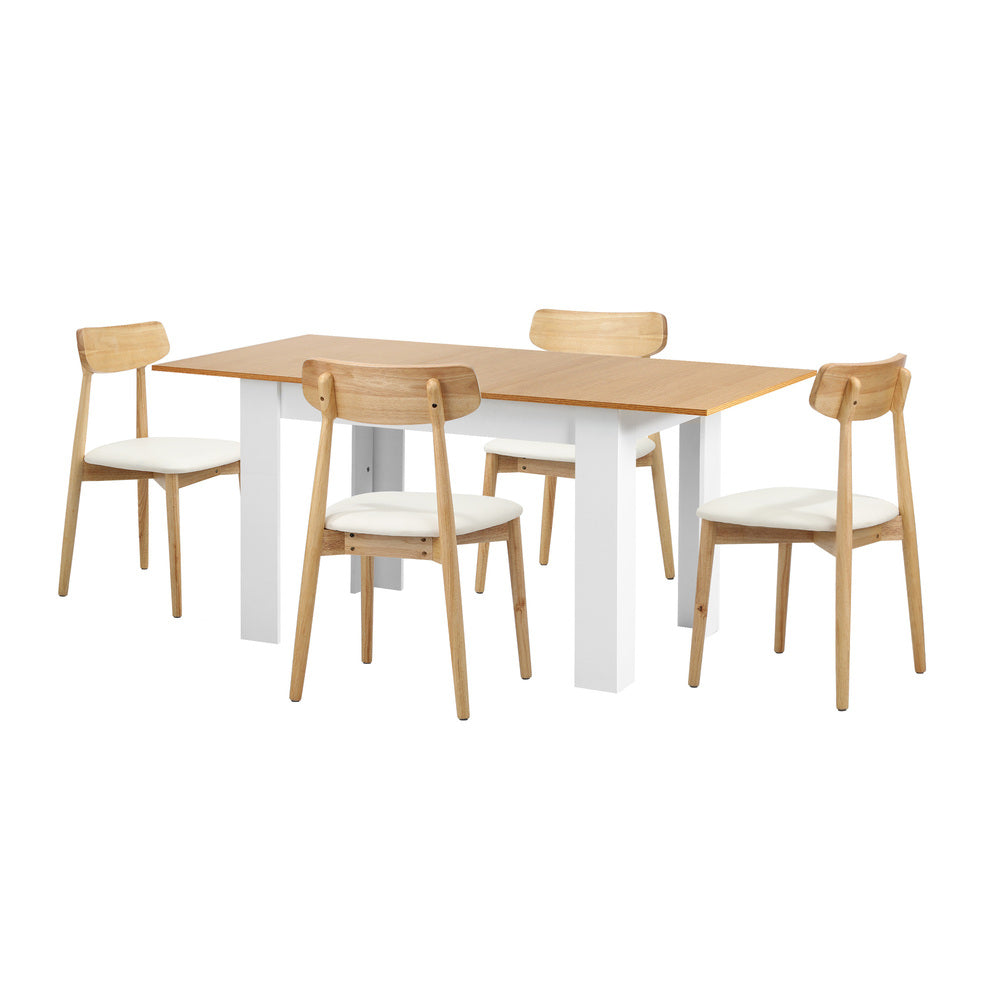 Oikiture 160cm Extendable Dining Table with 4x Dining Chairs PU Leather White