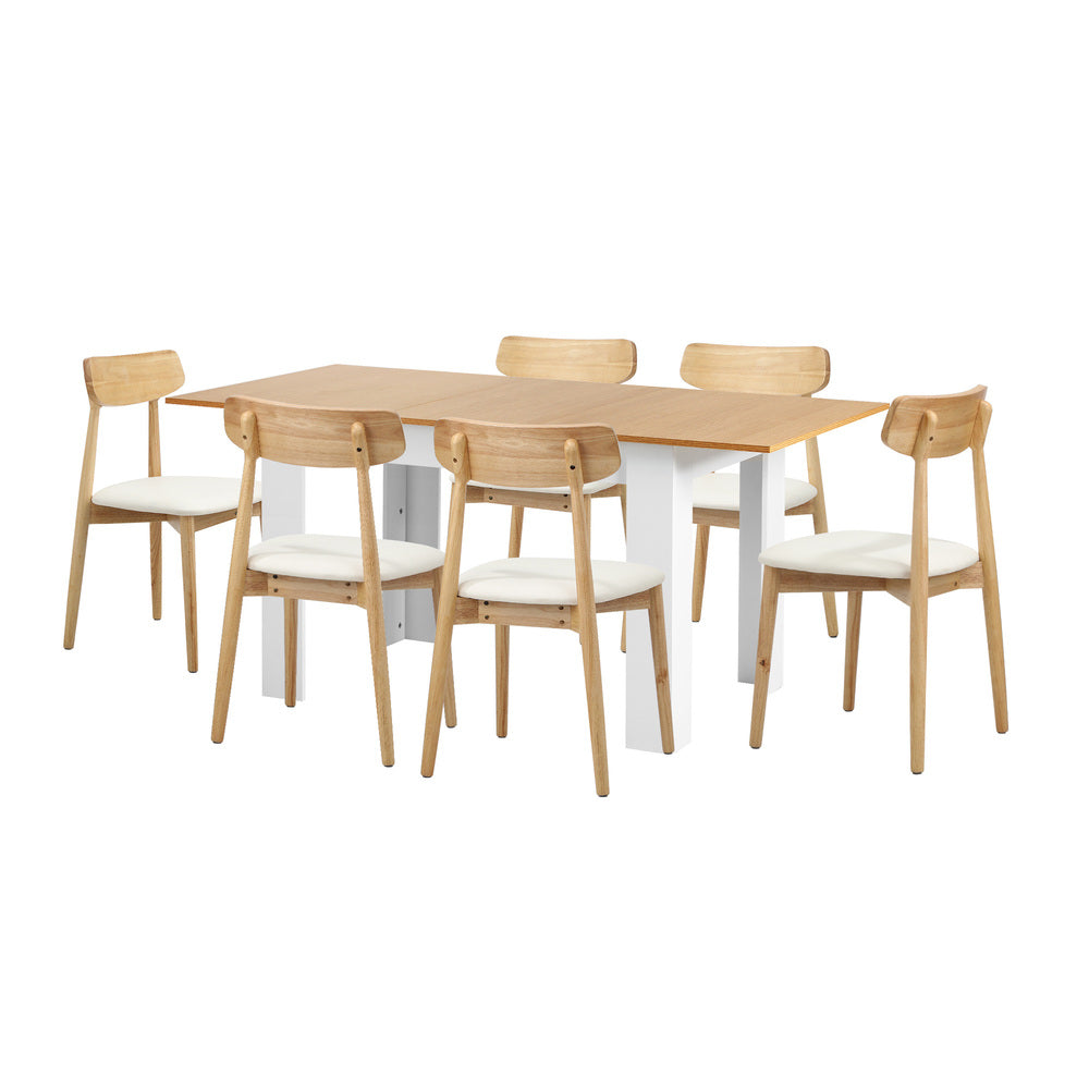 Oikiture 160cm Extendable Dining Table with 6x Dining Chairs PU Leather White
