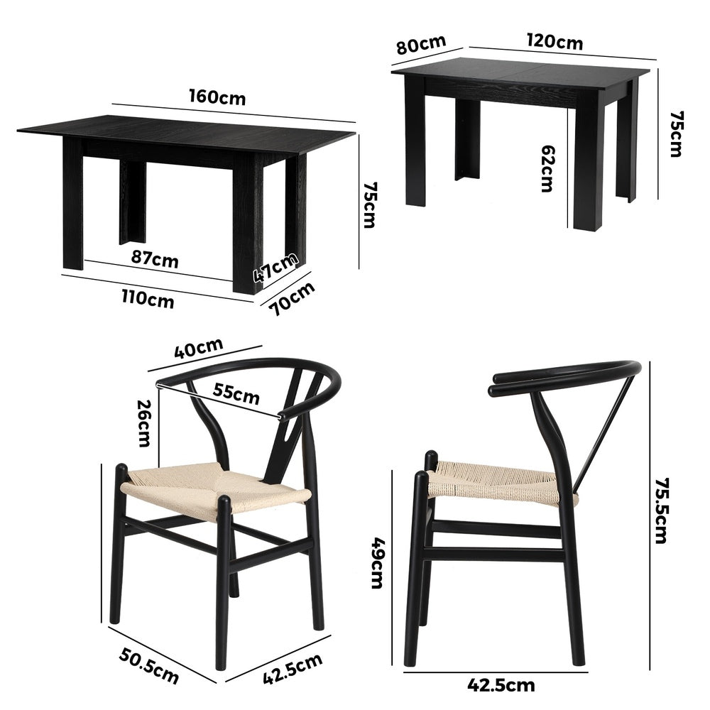 Oikiture 160cm Extendable Dining Table with 4x Hans Wegner Dining Chairs Black