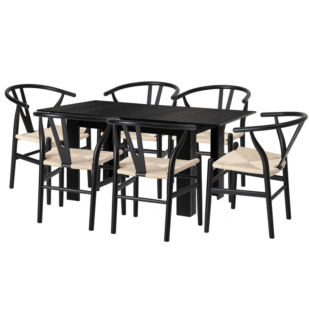 Oikiture 160cm Extendable Dining Table with 6x Hans Wegner Dining Chairs Black